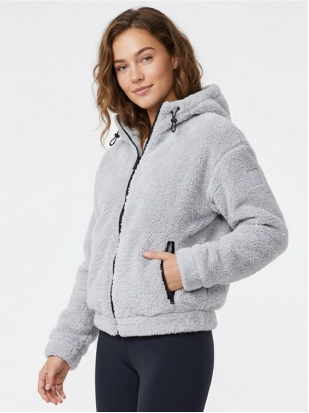 DKNY SPORT Grey Sherpa Fleece Hooded Jacket • Size XS • Teddy Bear - 974